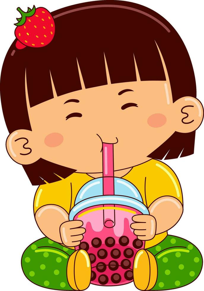 flicka barn dricka iced bubbla vektor illustration