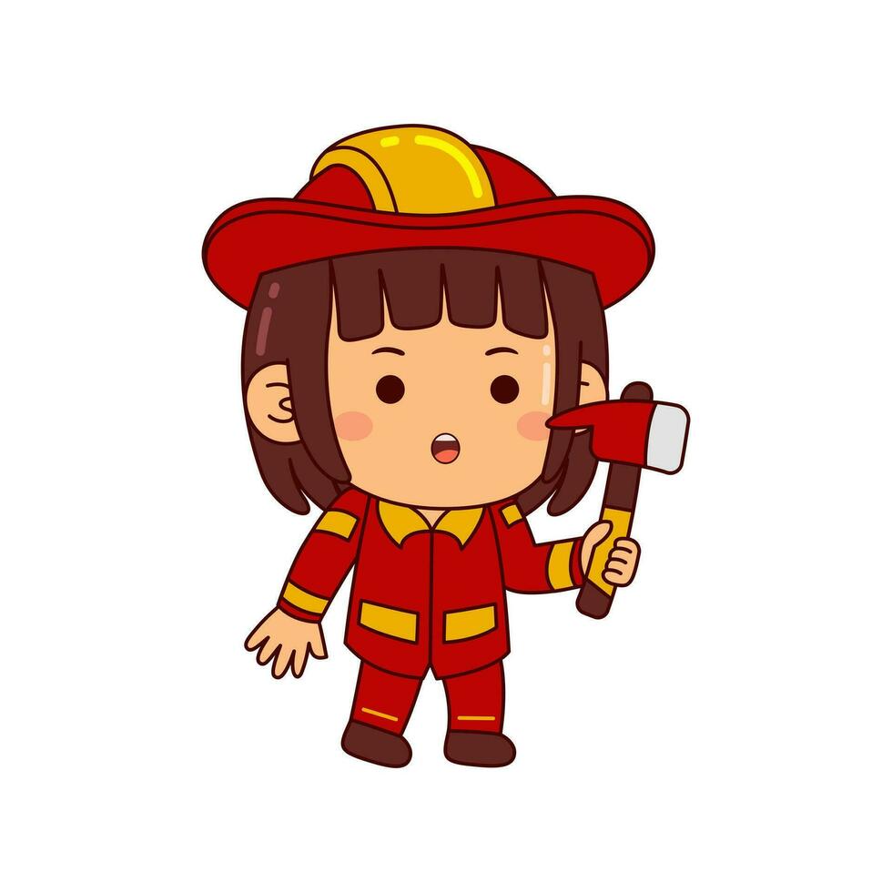 söt brandman flicka tecknad serie karaktär vektor illustration