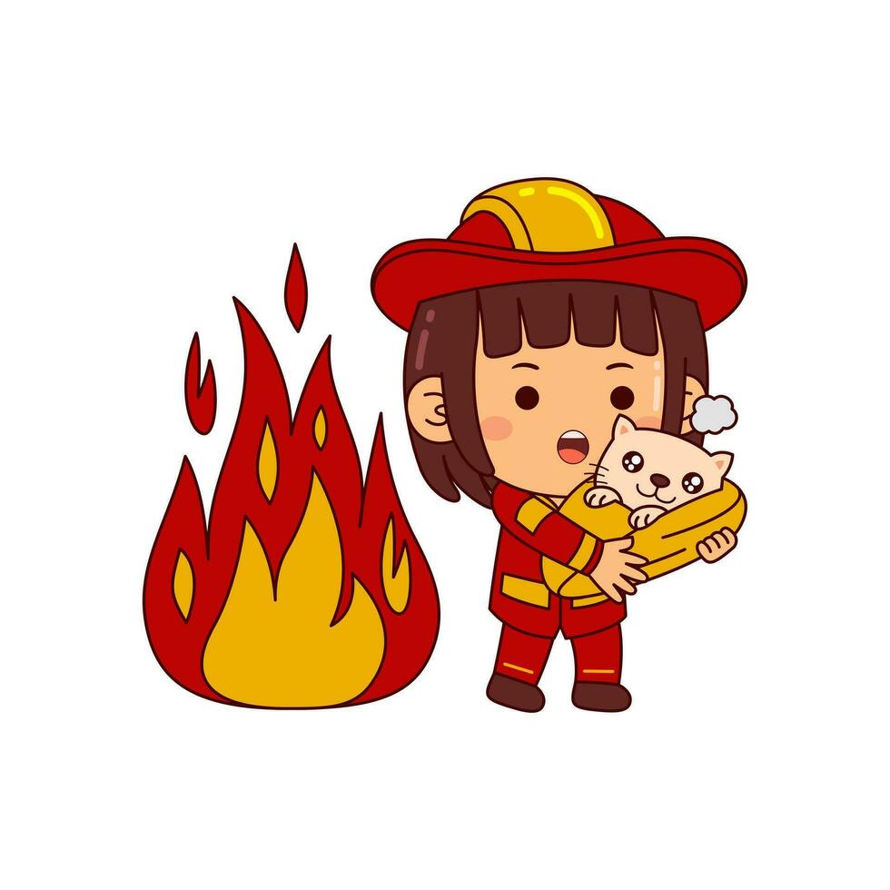 söt brandman flicka tecknad serie karaktär vektor illustration