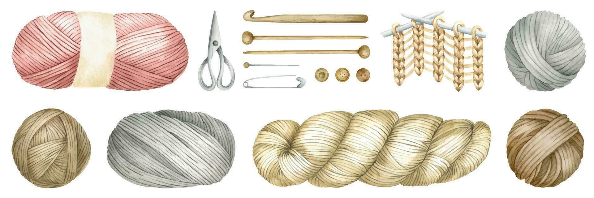 uppsättning av garn bollar, bollar av ull, skeins av garn, trä- stickning nålar, krok, knappar. vattenfärg isolerat illustrationer. för produkt förpackning design, stickare blogg, handarbete Lagra vektor
