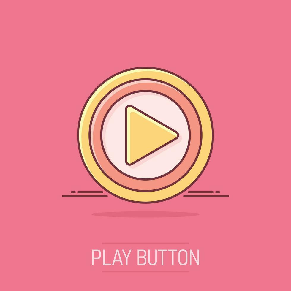 Cartoon-Play-Button-Symbol im Comic-Start-Illustration-Piktogramm. klicken sie auf zeichen splash geschäftskonzept. vektor