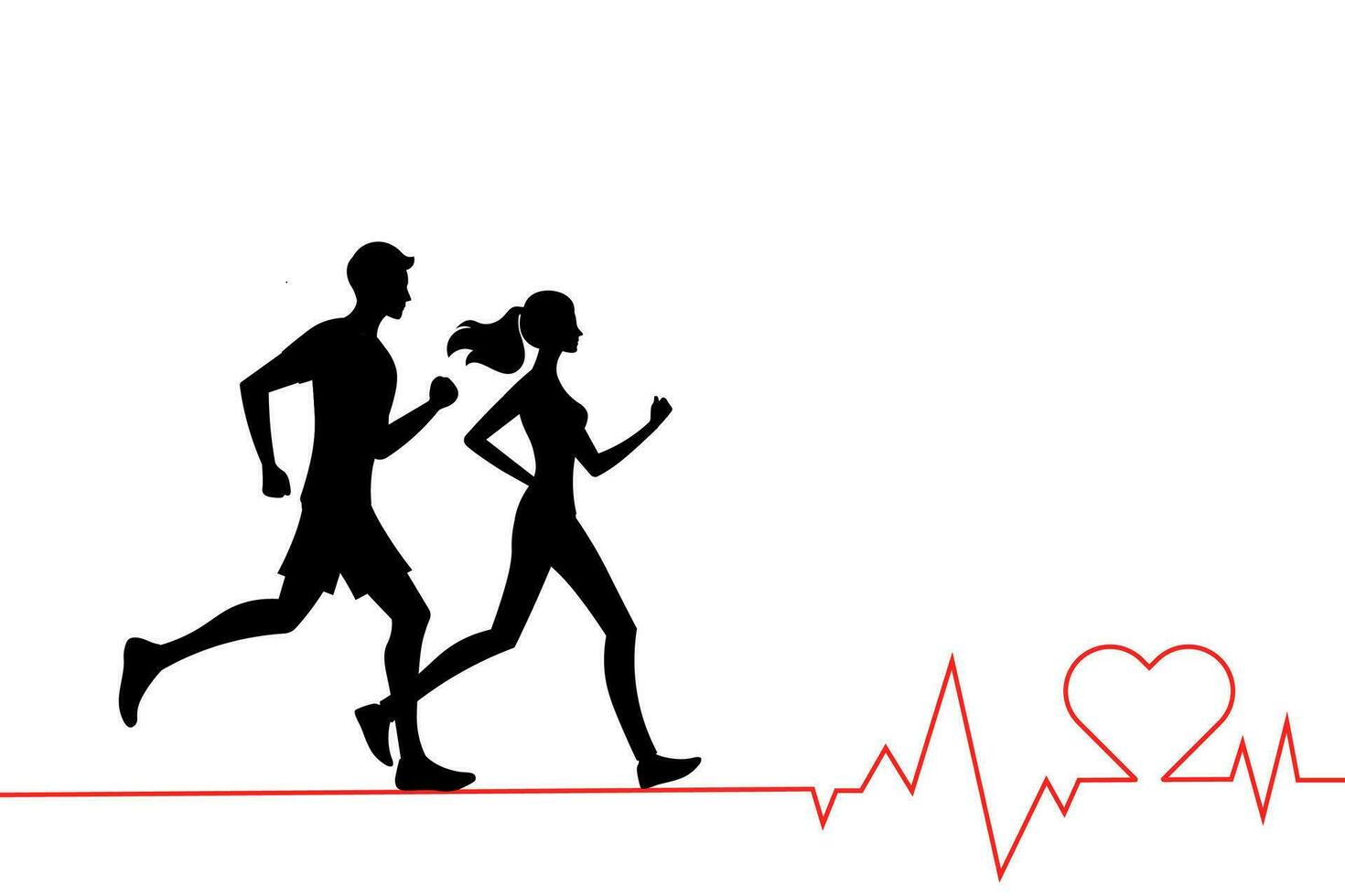 silhuett manlig och kvinna par körning på röd hjärtslag linje eller hjärta Betygsätta och hjärta ikon. löpare människor övning och ha en friska livsstil.vektor illustration. vektor