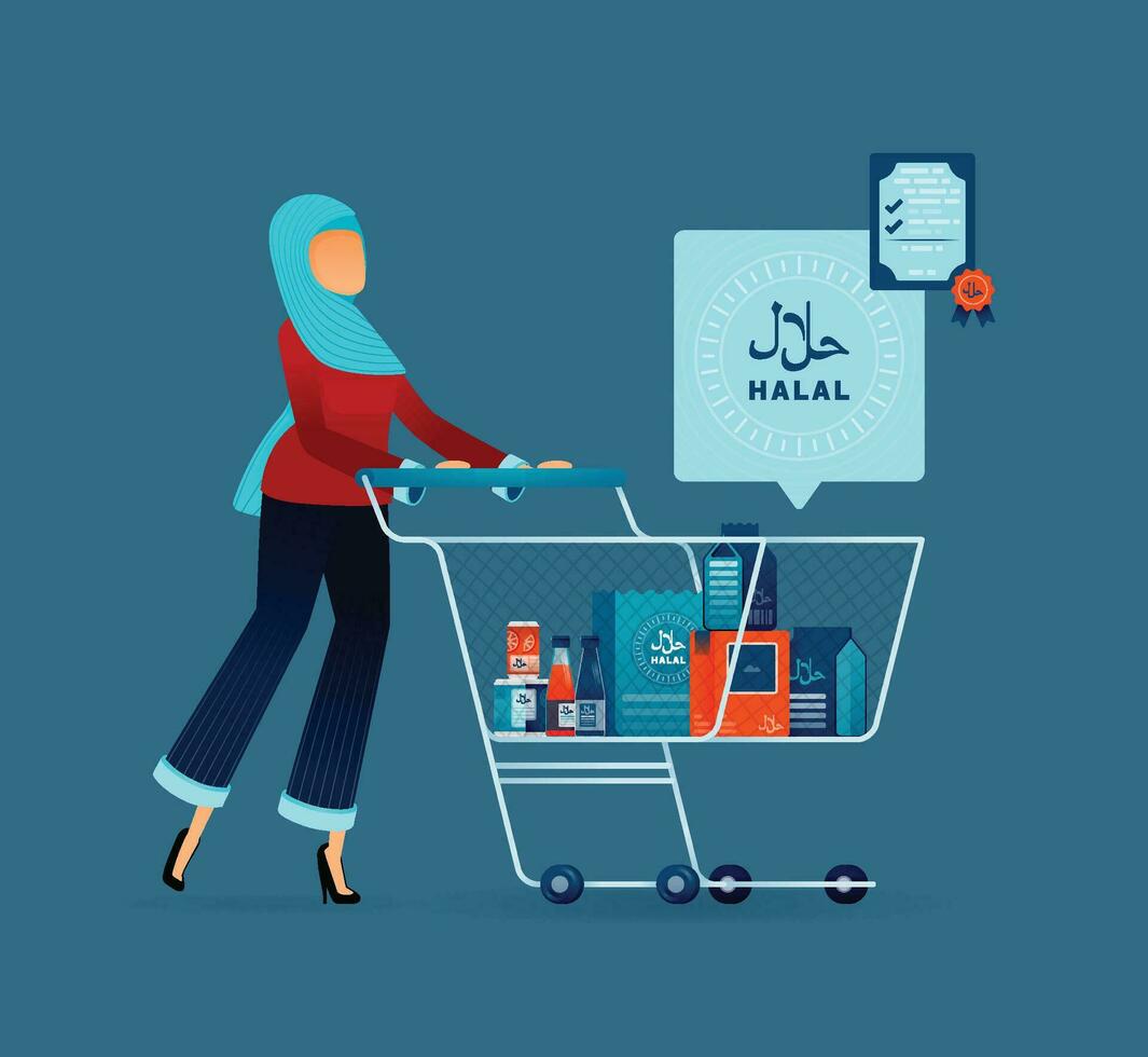 Illustration von Muslim Mütter oder Frauen tragen Hijab schieben Einkaufen Wagen enthält Lebensmittel mit halal Etiketten. halal genehmigt und zertifiziert mit Arabisch. können Sein benutzt zum Poster, Banner, Websites vektor