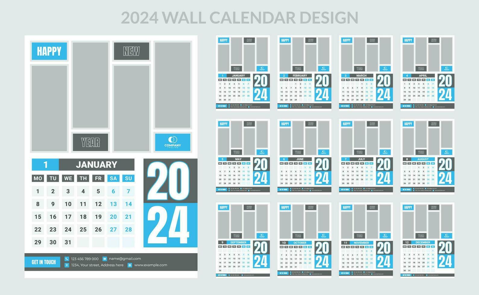 2024 Geschäft Mauer Kalender Vorlage Satz. 12 Seite Mauer Kalender. vektor