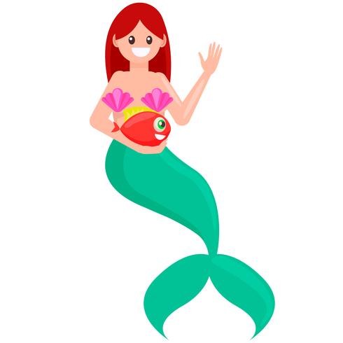 Rött hår sjöjungfrun med fisk. Vektor platt illustration