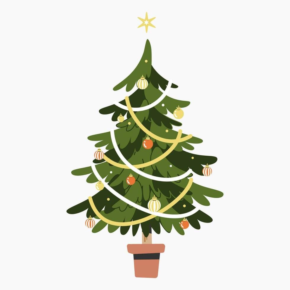 ein süß Weihnachten Baum mit schön Dekoration eben Vektor Illustration isoliert auf Weiß Hintergrund. fröhlich Weihnachten und glücklich Neu Jahr