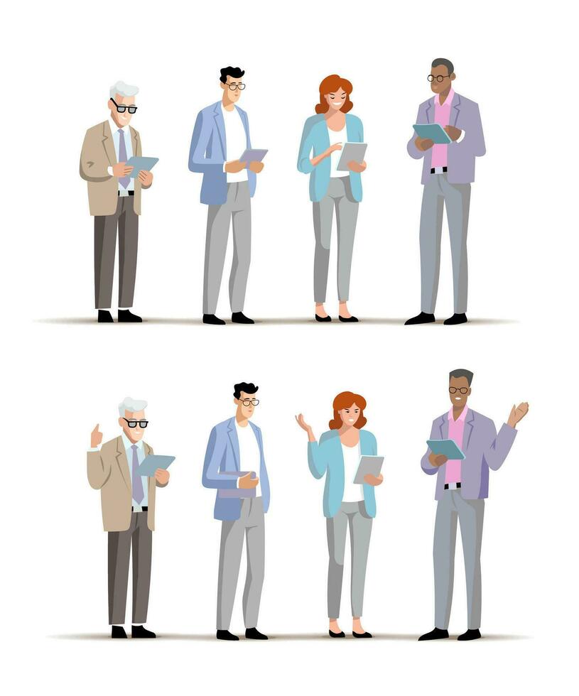 uppsättning av topp chefer, kontor personal, i en företag kostym med en läsplatta i hans hand. poser för de högtalare. vektor