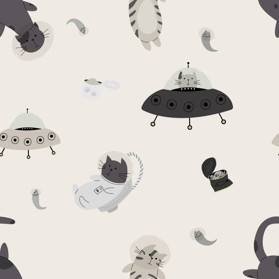 nahtlos Muster mit verschiedene Astronaut Katzen im Helme, Raumanzüge spielen unter das Sterne im Raum. Vektor Illustration