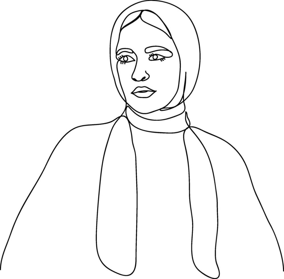 Frauen Porträt im Linie Kunst Illustration. Hijab Damen Linie Kunst. weiblich Porträt im Kopftuch. Muslim Dame trägt ein Hijab im Linie Kunst Illustration. vektor