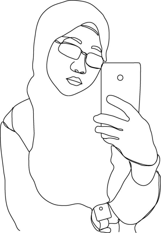 Brille Frauen Selfie mit Telefon Linie Kunst Illustration. Hijab Damen Linie Kunst. weiblich Porträt im Kopftuch. Muslim Dame trägt ein Hijab im Linie Kunst Illustration. vektor