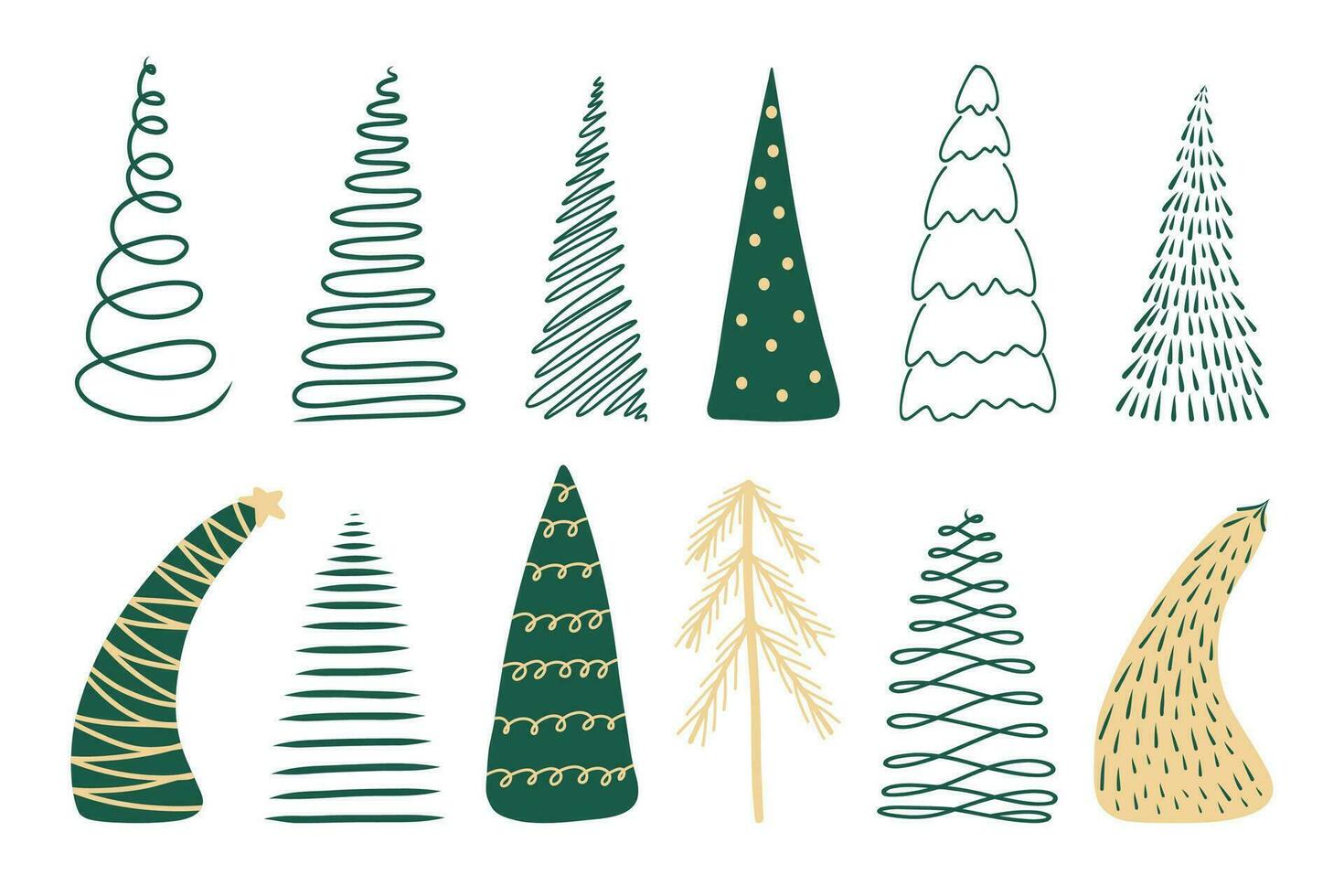 Vektor einstellen von Gekritzel minimalistisch Weihnachten Bäume, Kiefern zum Gruß Karte, Einladung, Banner, Netz. Grün, Gold Farben auf ein Weiß Hintergrund