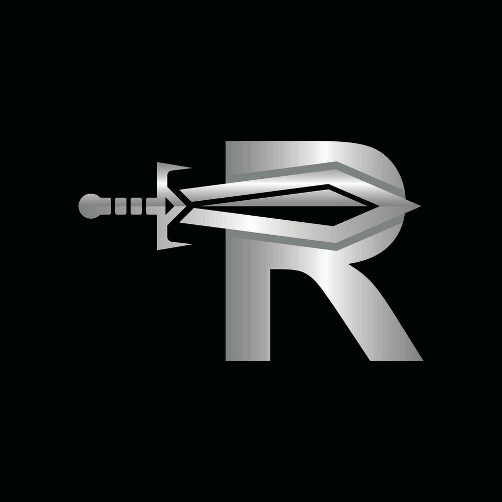 brev r svärd vapen logotyp vektor illustration, abstrakt vektor illustration, dolkar och knivar, logotyp element för mall.
