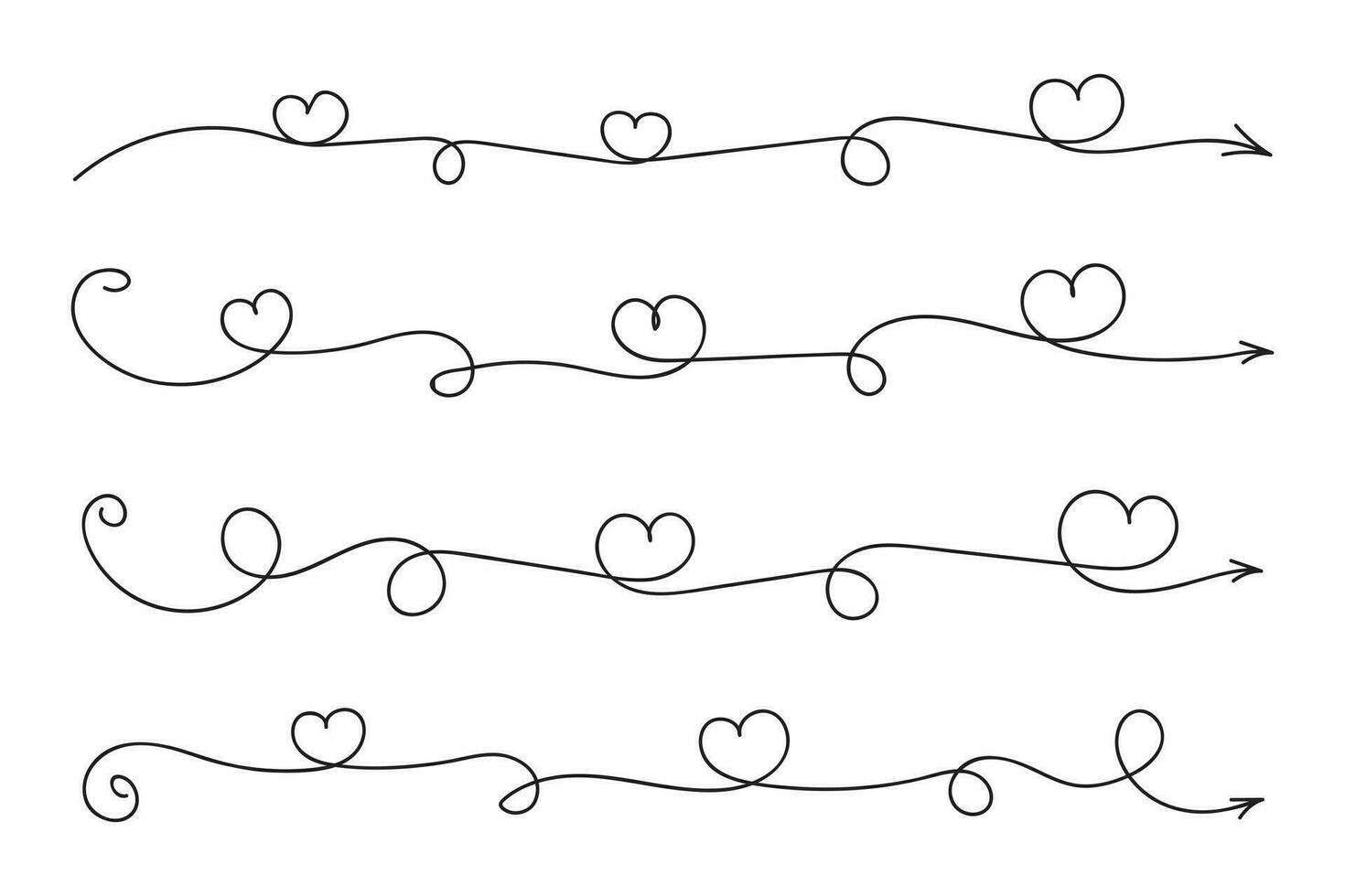 hand dragen tunn kontinuerlig linje härlig hjärtan stil böjd pil vektor, ett linje vänster rätt riktning kärlek tecken med penna pilar, minimalistisk översikt enda linje sätt dekorationer dekorativ element vektor
