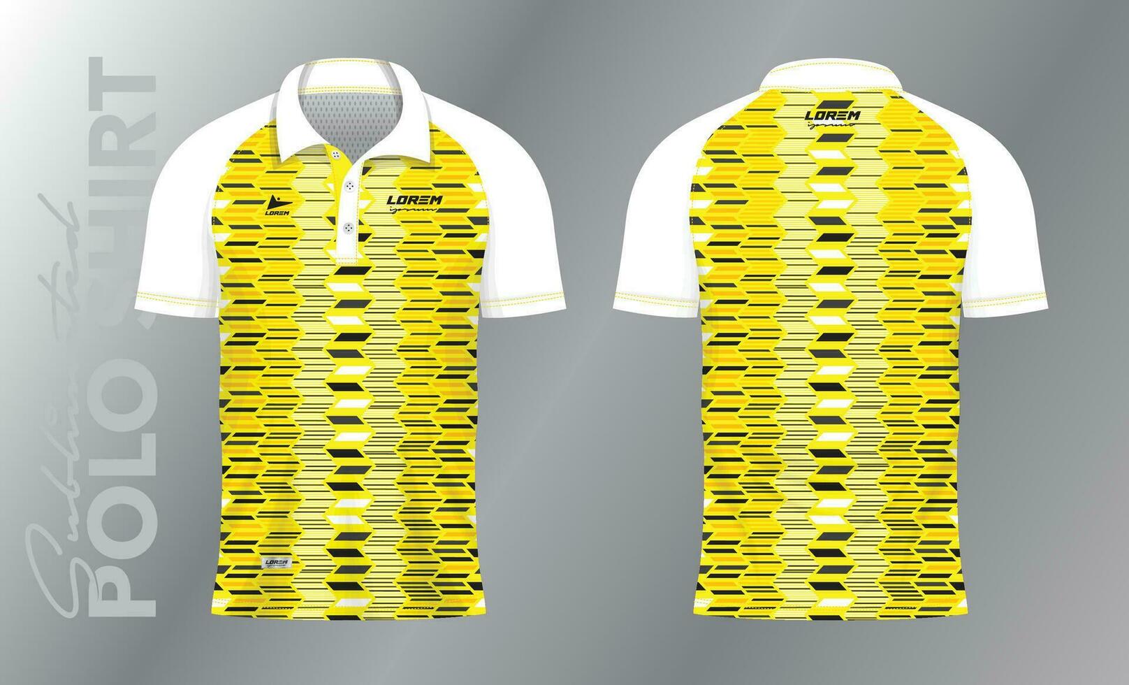 Gelb und schwarz Sublimation Polo Hemd Attrappe, Lehrmodell, Simulation Vorlage Design zum Sport Uniform im Vorderseite Aussicht und zurück Aussicht vektor