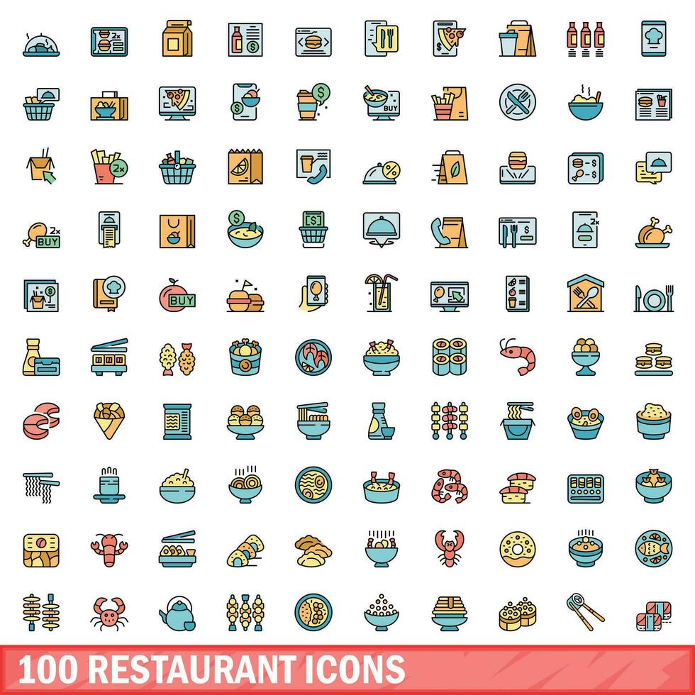 100 Restaurant Symbole Satz, Farbe Linie Stil vektor