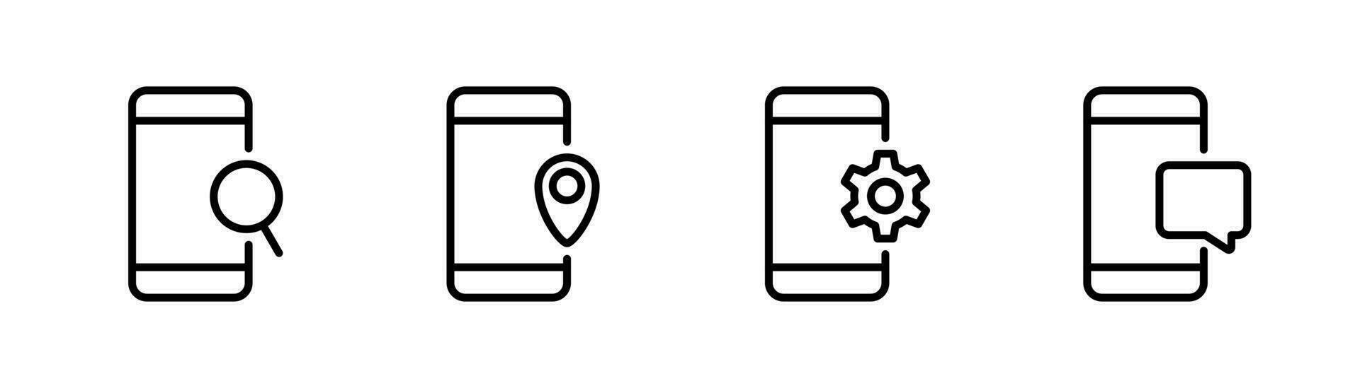 Handy, Mobiltelefon Telefon Linie Symbol. Smartphone mit Lupe. Handy, Mobiltelefon Telefon mit Zahnrad. Smartphone Linie Symbol mit Standort. editierbar Schlaganfall. Lager Vektor Illustration.