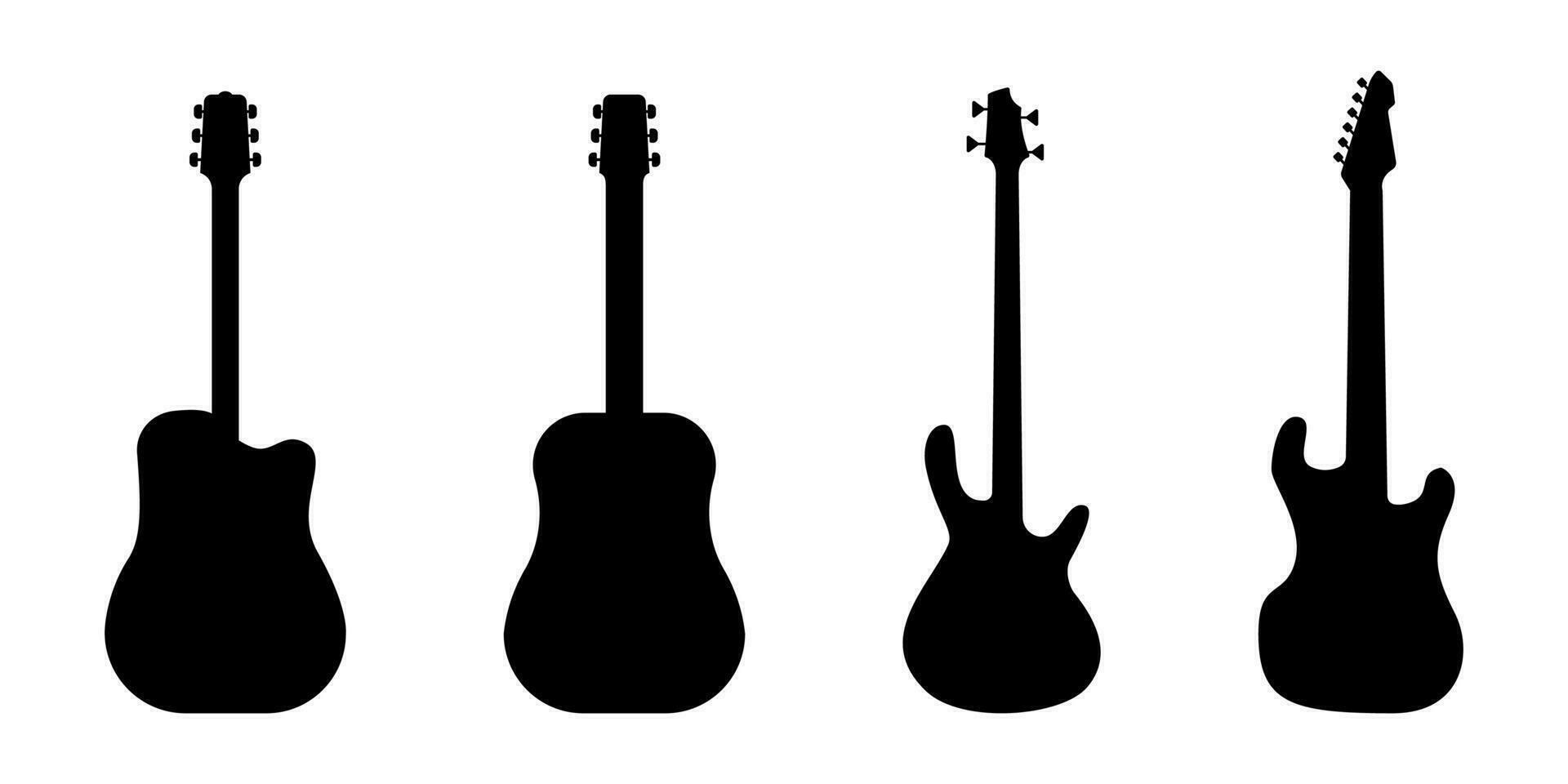 Gitarre Symbol Satz. akustisch und Bass Gitarre. Gitarre Silhouette Symbol im schwarz. Glyphe Piktogramm. Lager Vektor Illustration