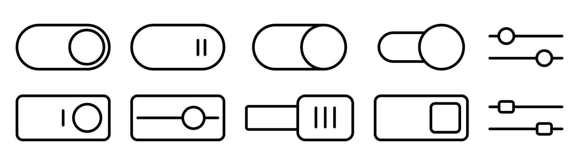 Schalter Umschalten Symbol Satz. Gliederung Umschalten Symbol. Wende auf und Wende aus Schieberegler. Schalter auf und aus Umschalten. Leistung Taste im Linie Stil vektor