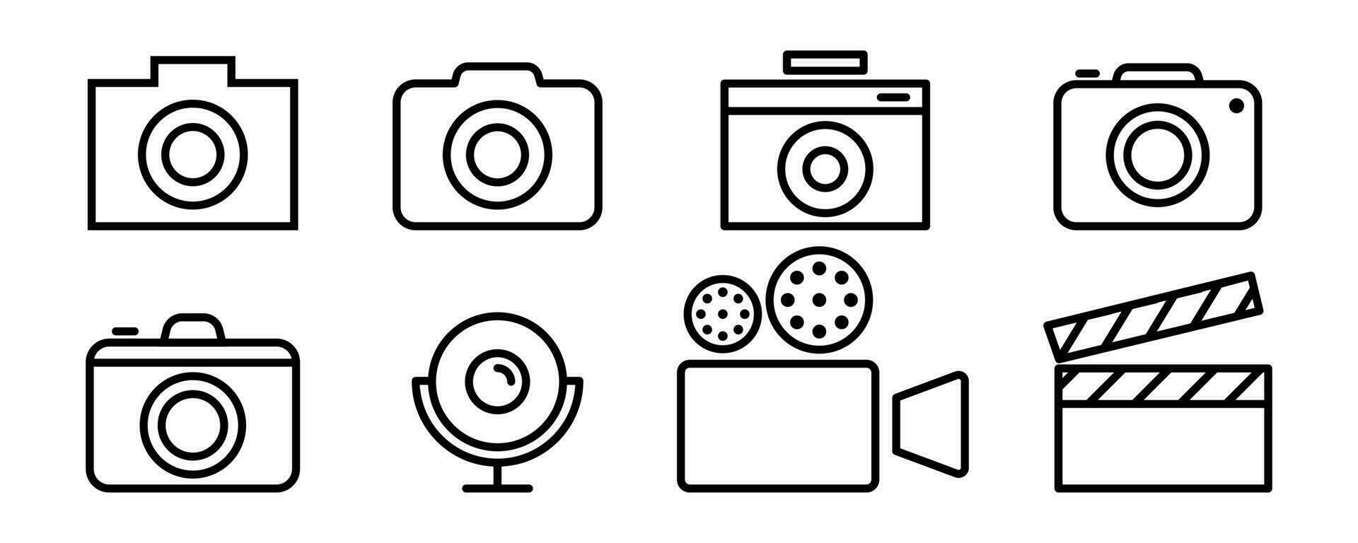 Kamera Symbol Satz. Foto Kamera Symbol im Umriss. Foto und Video Symbol. Netz Kamera Symbol. Webcam Piktogramm. Lager Vektor Illustration