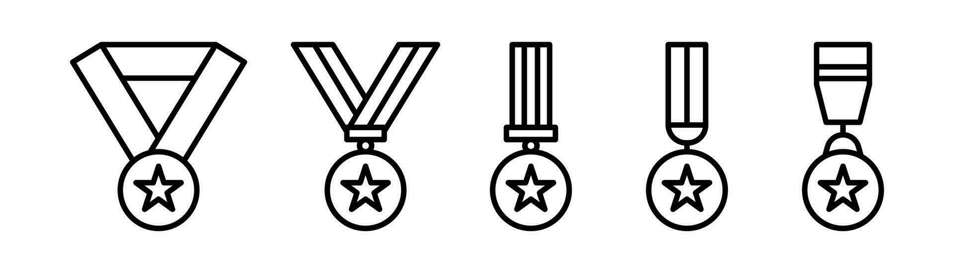 Medaille Symbol Satz. vergeben Abzeichen Symbol. Gliederung Medaille Symbol. vergeben Symbol. Medaillon Zeichen im Linie. Gewinner Emblem. Champion unterzeichnen. Lager Vektor Illustration