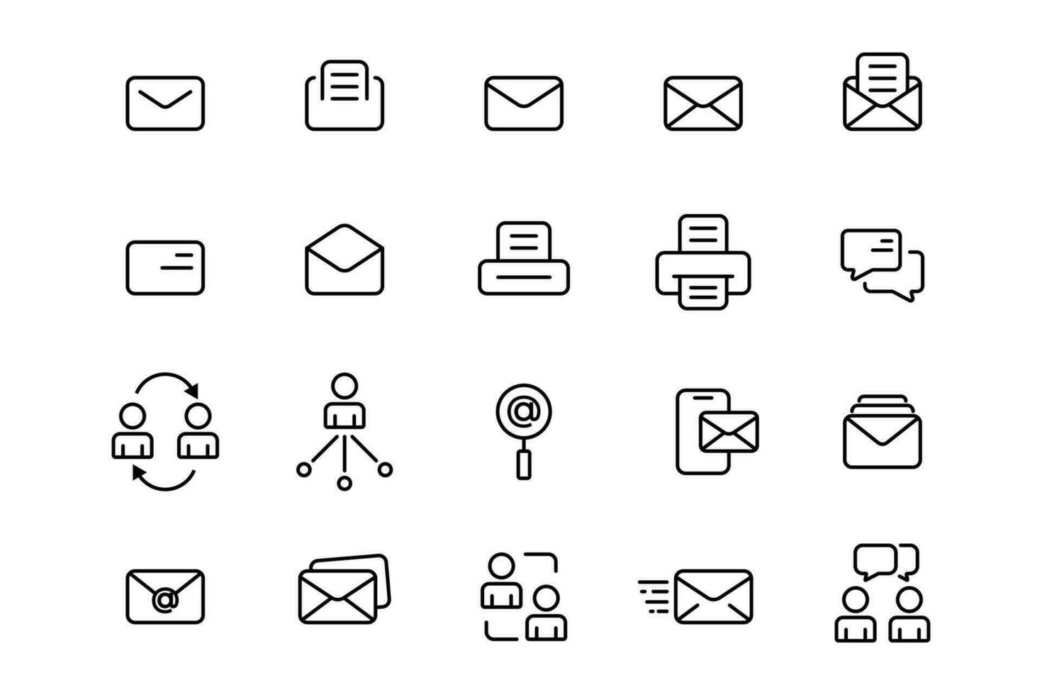 kommunikation ikoner uppsättning. översikt konversation packa. post, skrivare och chatt symbol. översikt stil. vektor