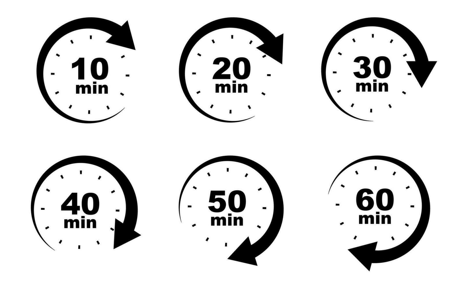 Stoppuhr Timer Symbol Satz. Countdown Timer Sammlung. Stoppuhr mit Minute und Pfeil. Pfeil im Kreis. Vektor