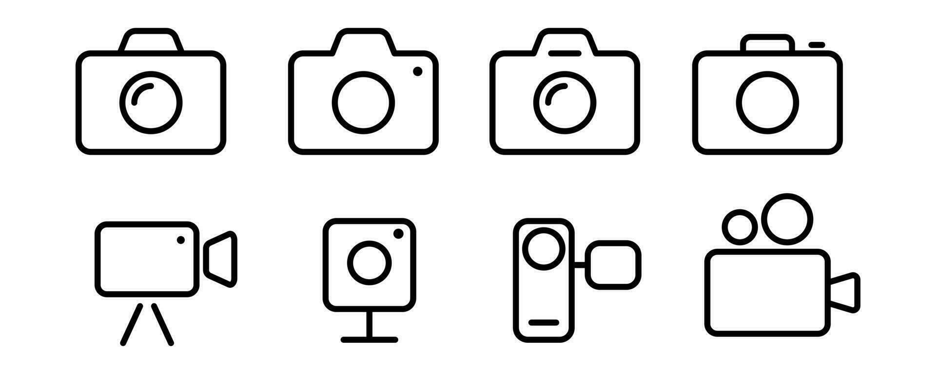 Gliederung Kamera Symbol Satz. Foto Kamera Symbol im Linie. Gliederung Foto und Video Symbol. Gliederung Kamera Symbol im schwarz. Lager Vektor Illustration