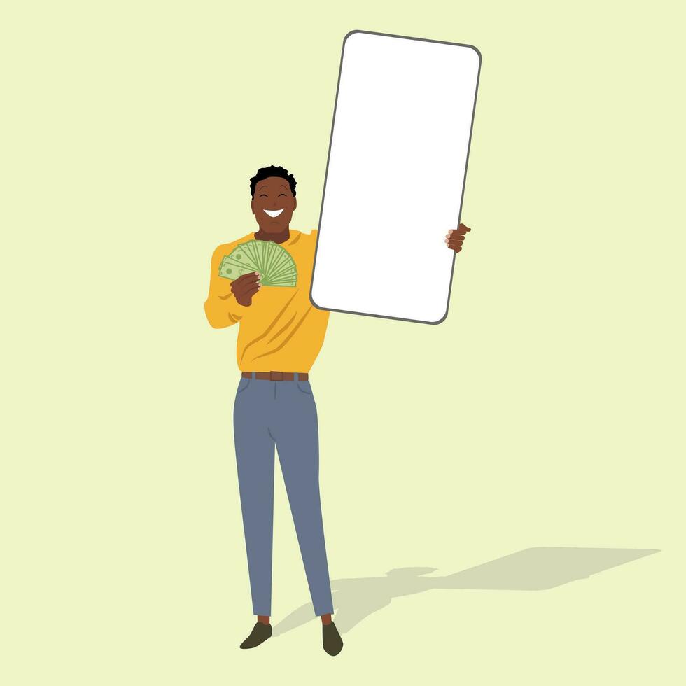 ein Mann von afrikanisch Aussehen hält ein Smartphone und Geld, freut sich beim das Erfolg von das Geld er verdient auf das Internet. online arbeiten, einfach Geld. Vektor Zeichnung