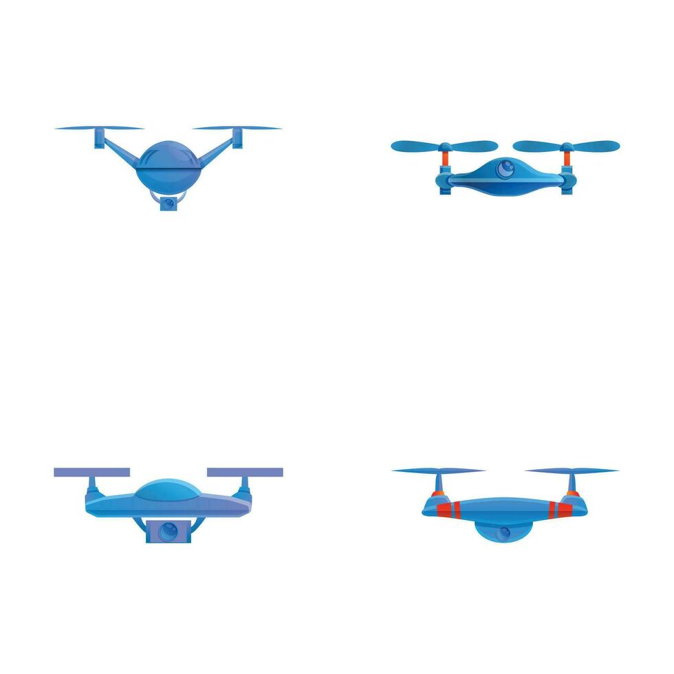 fliegend Drohne Symbole einstellen Karikatur Vektor. Drohne Quadrocopter mit Kamera vektor