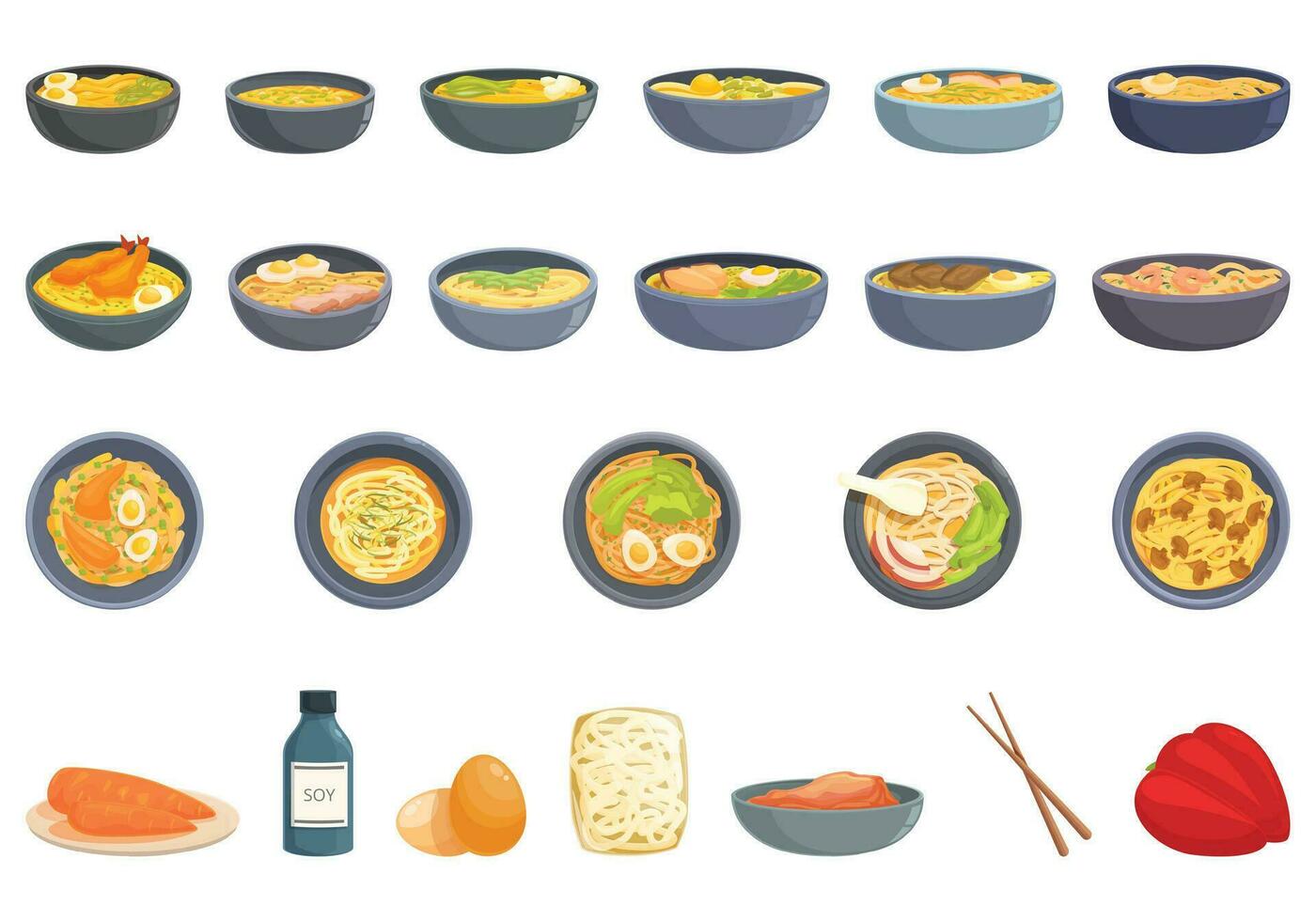 udon spaghetti ikoner uppsättning tecknad serie vektor. måltid mat vektor