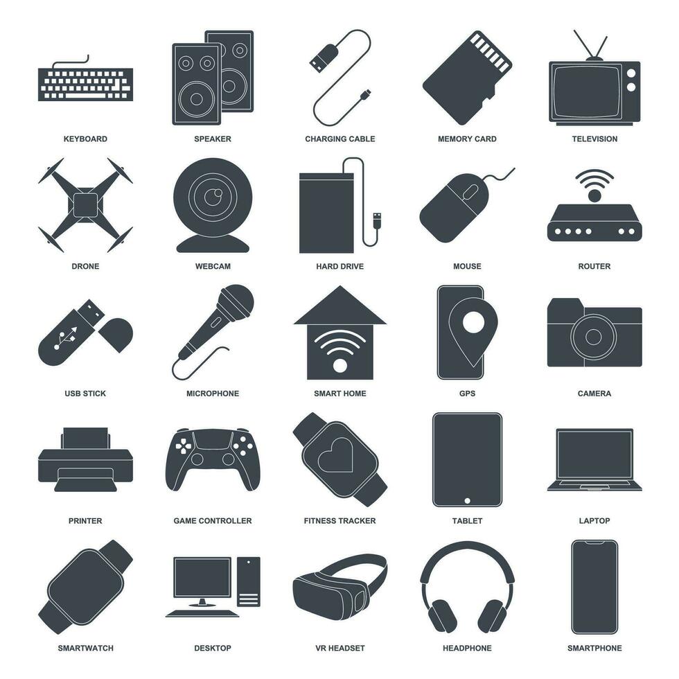 enhet ikon uppsättning, inkluderad ikoner som bärbar dator, Drönare, högtalare, gamepad och Mer symboler samling, logotyp isolerat vektor illustration