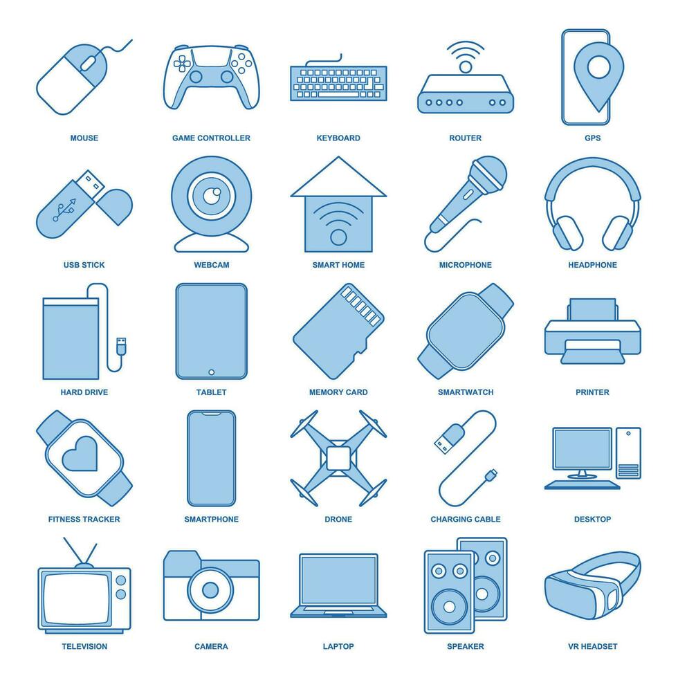 Gerät Symbol Satz, inbegriffen Symbole wie Laptop, Drohne, Lautsprecher, Gamepad und Mehr Symbole Sammlung, Logo isoliert Vektor Illustration