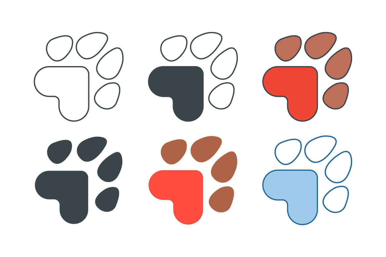 sällskapsdjur Tass med hjärta ikon samling med annorlunda stilar. hund Tass kärlek ikon symbol vektor illustration isolerat på vit bakgrund