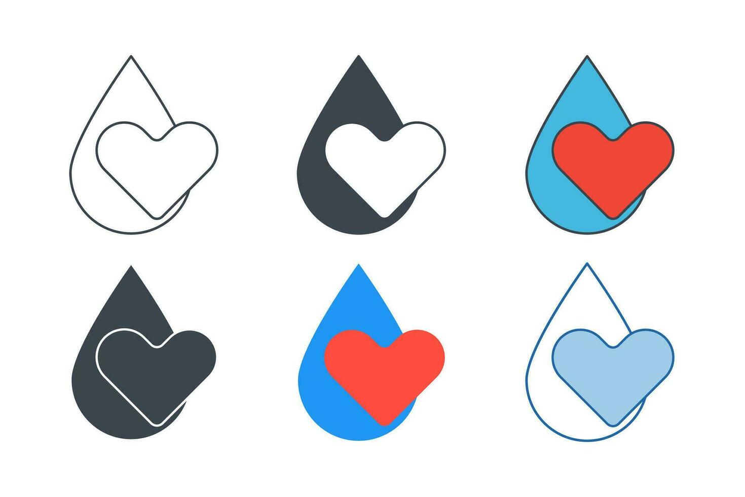 Wasser fallen mit Herz Symbol Sammlung mit anders Stile. Wasser fallen Symbol Symbol Vektor Illustration isoliert auf Weiß Hintergrund