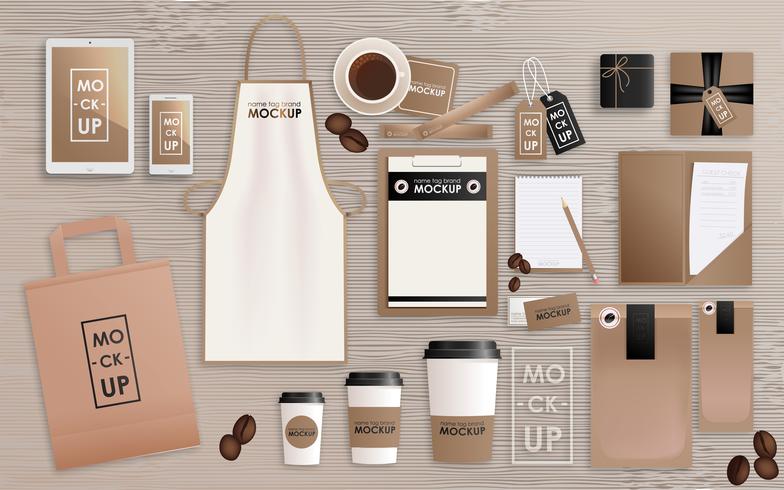 Corporate Identity Design-Vorlage für Kaffeestube oder Haus festgelegt. Mock-up-Paket, Tablet, Telefon, Preisschild, Tasse, Notizbuch. Vektor realistisches Konzept