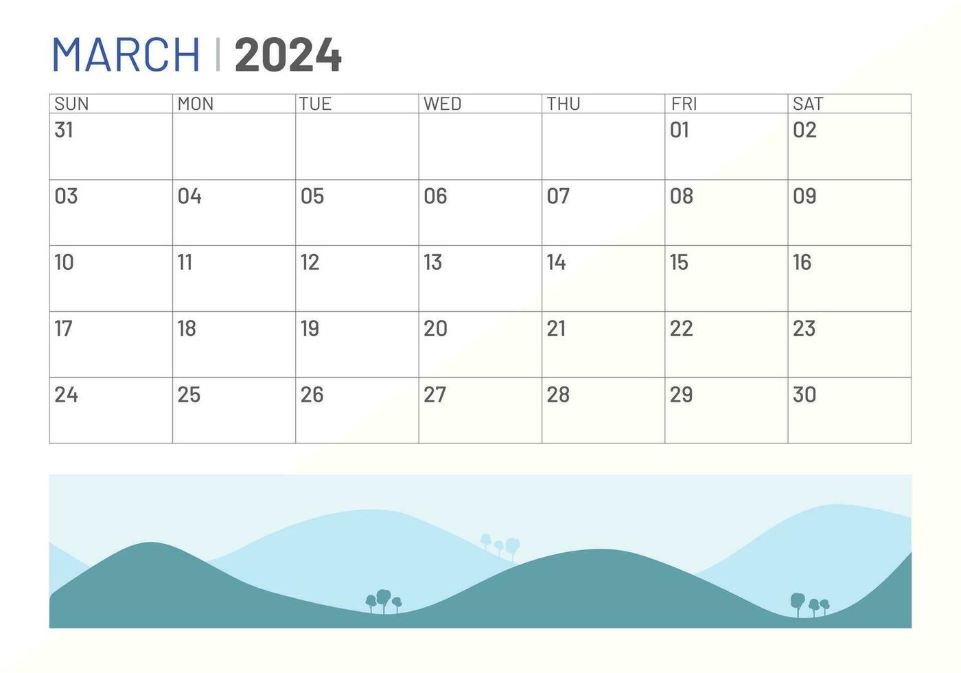 klassisch monatlich Kalender von März zum 2024. Kalender im das Stil von minimalistisch Platz gestalten vektor