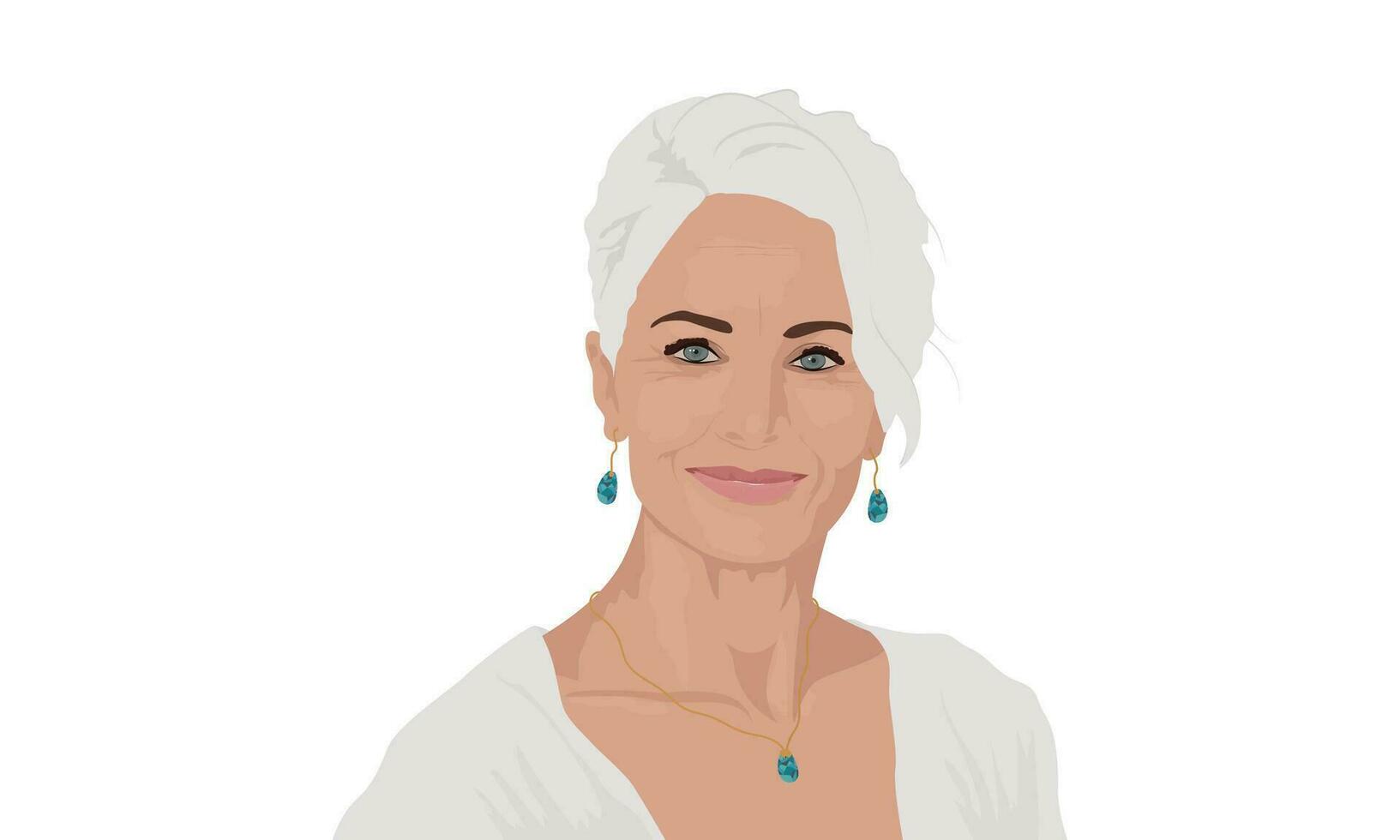 Lycklig skön vuxen kvinna med grå hår leende. porträtt av ett äldre kvinna med Smycken. vektor illustration isolerat på de vit bakgrund