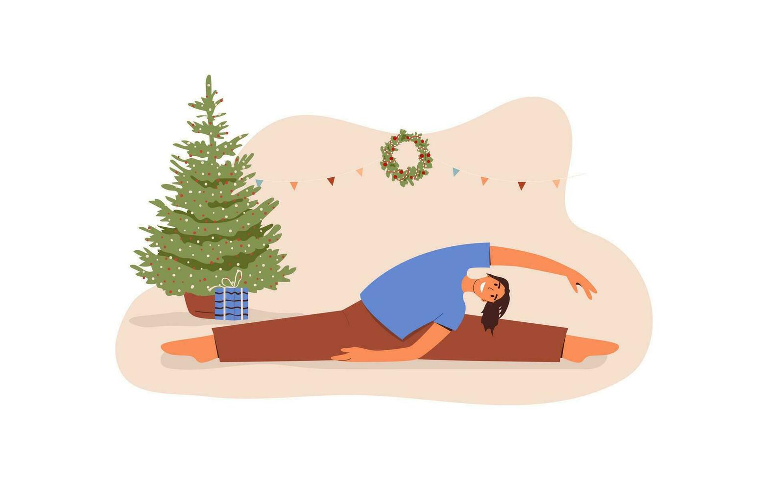 flicka praktiserande yoga på Hem. yoga hälsning kort begrepp. ung kvinna stretching i de rum med jul träd. ny år eller jul säsong. vektor illustration