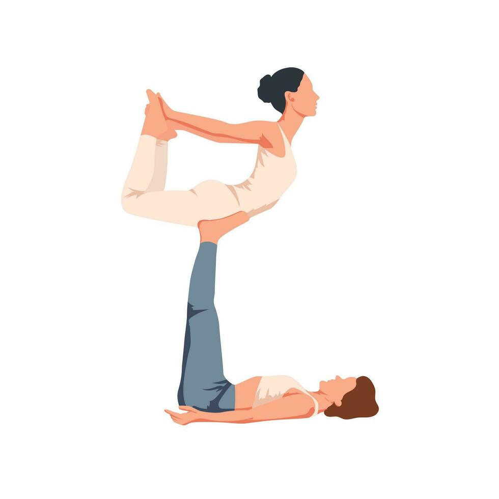 Frauen trainieren acro Yoga zusammen. Mädchen balancieren im das Luft unterstützt durch Beine. Vektor Illustration isoliert auf das Weiß Hintergrund