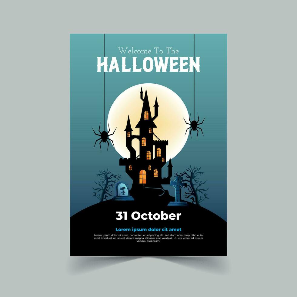 halloween fest inbjudan med Skräck hus full måne fest lura eller behandla flygblad mall vektor illustration för roligt halloween fest inbjudan kort proffs vektor