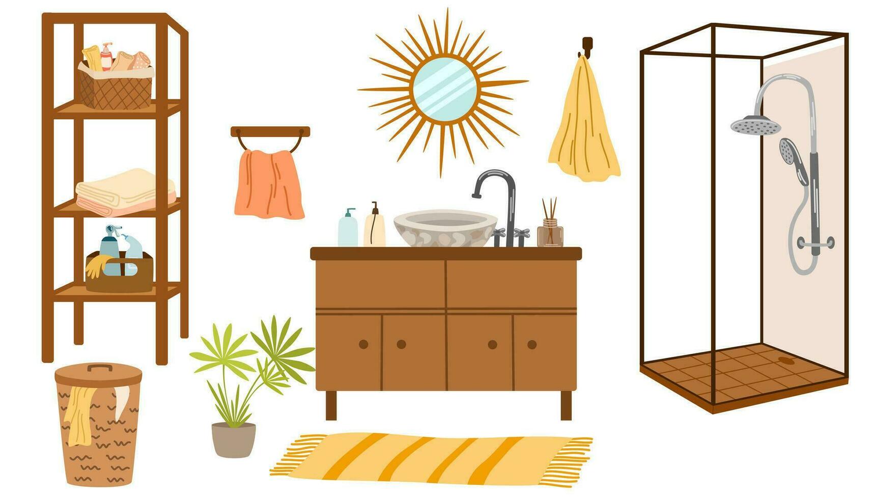 Badezimmer Innere eben Stil Zuhause Elemente einstellen isoliert auf Weiß. Vektor Waschbecken, sinkt, Spiegel, Dusche, Schränke und Pflanzen Illustration