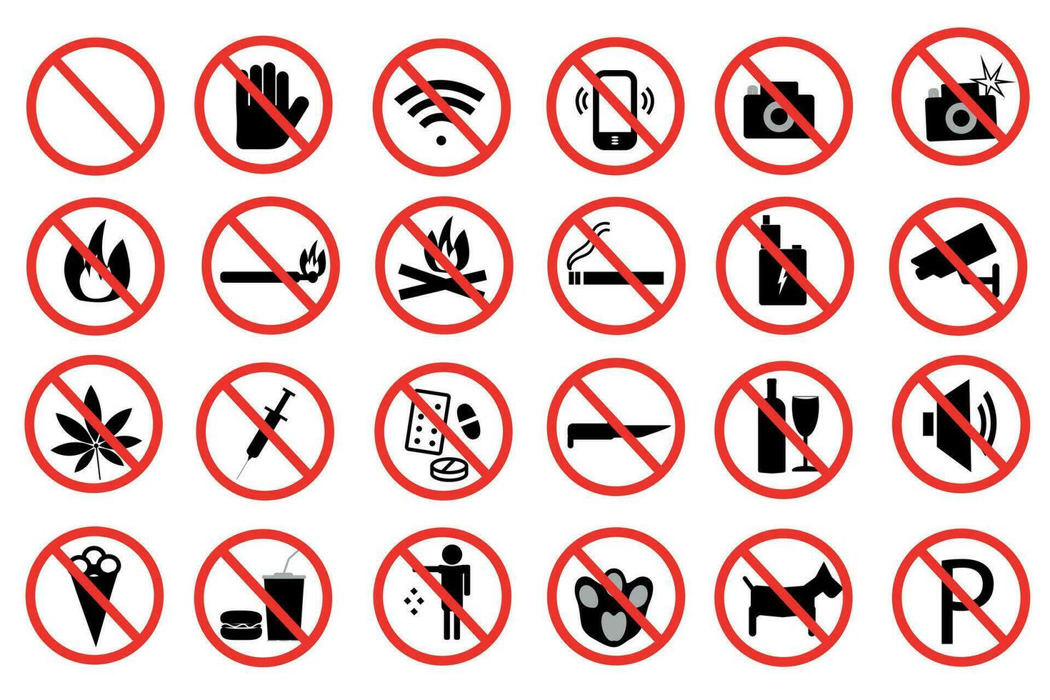 Verbot Zeichen. ein groß einstellen von verboten Zeichen Warnung Über das Verbot von verschiedene Aktionen. Symbole isoliert auf Weiß Hintergrund. Vektor Illustration.