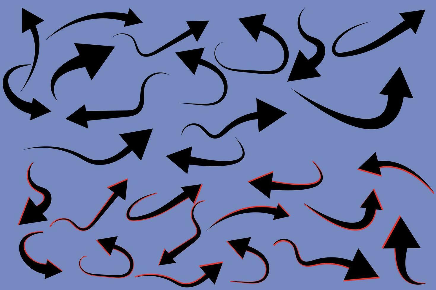 pilar .vektor illustration av böjd pil ikoner. föränderlig vektor design. en samling av hand dragen svart och röd pilar. uppsättning av pilar isolerat på lila bakgrund.