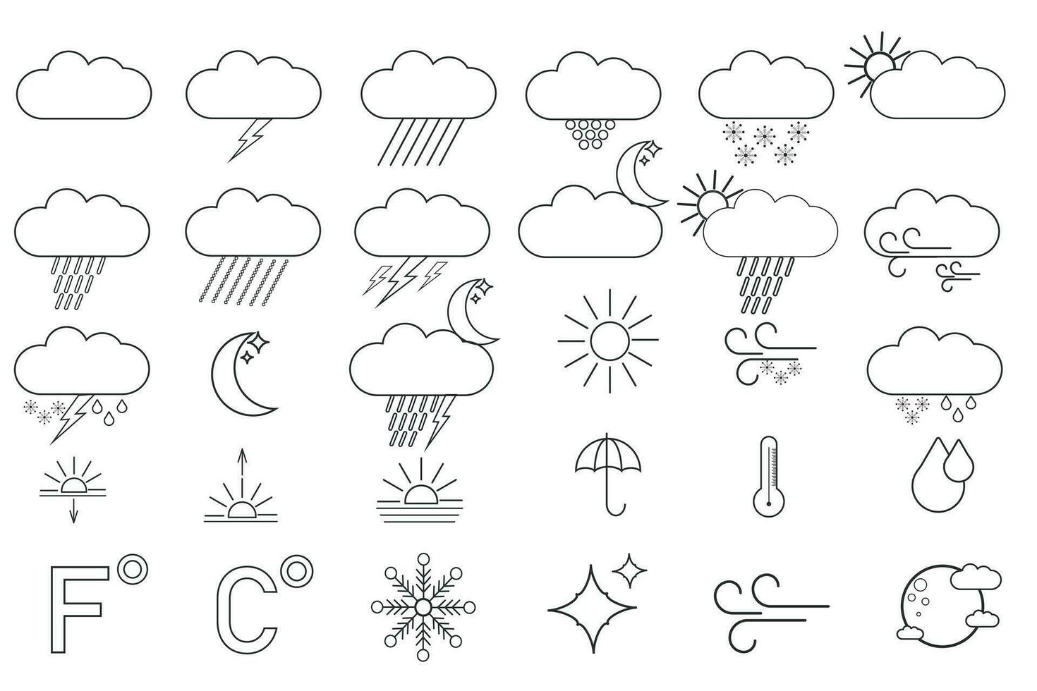 samling av meteorologiska ikoner eller symboler för väder prognos - Sol, moln, vind, regn, snö, luft temperatur dragen med kontur rader på vit bakgrund. vektor