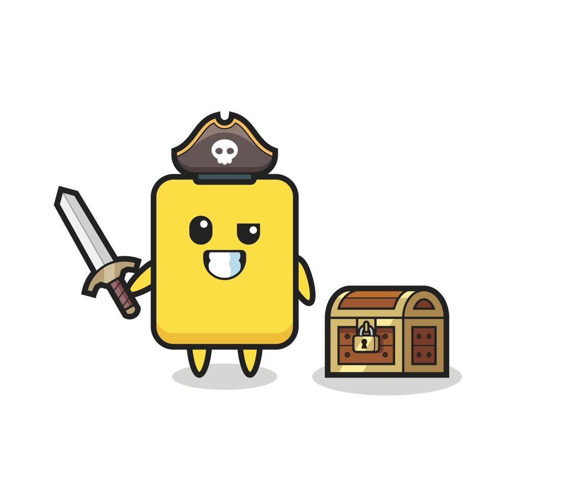 der Piratencharakter mit der gelben Karte, der ein Schwert neben einer Schatzkiste hält vektor