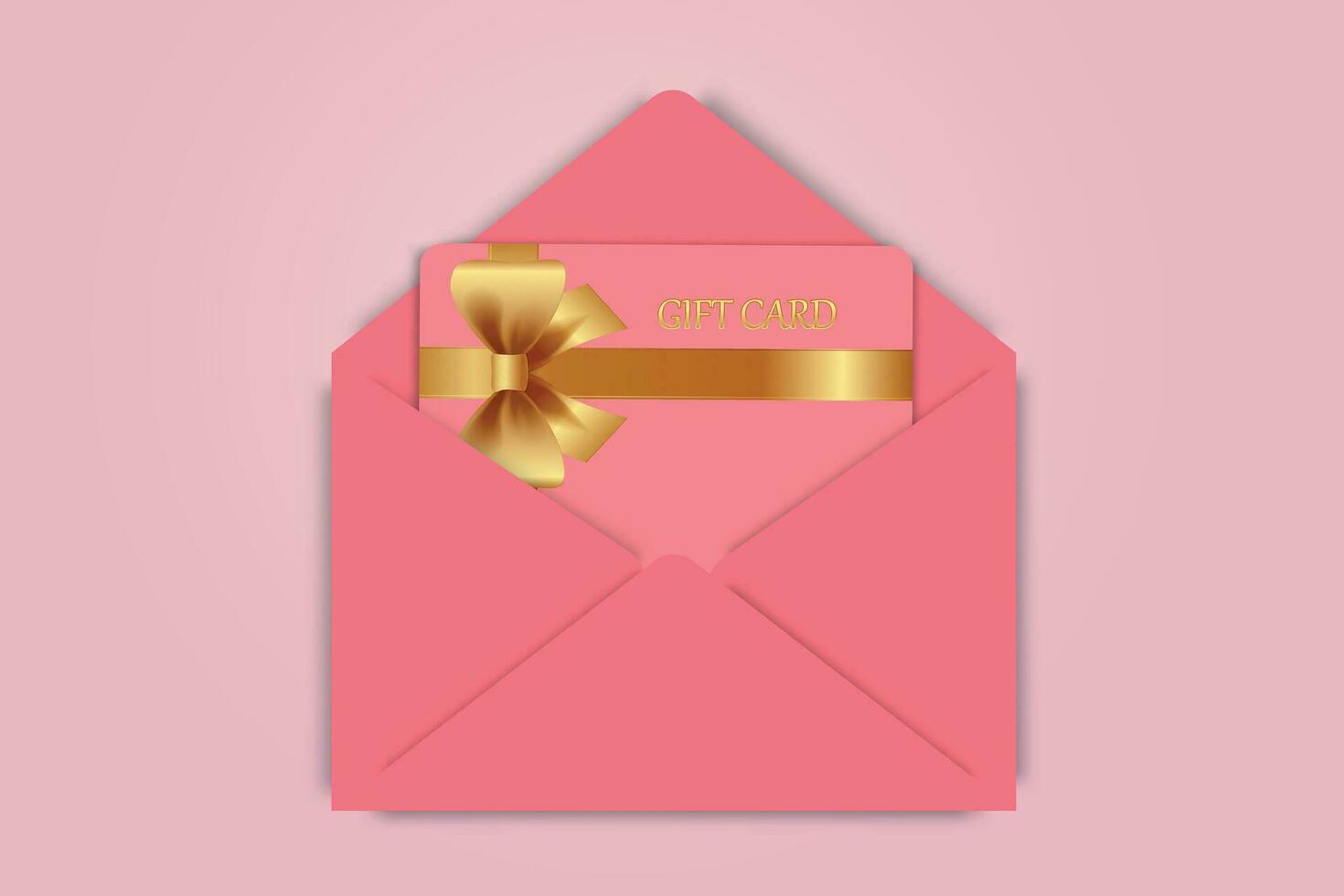 Geschenk Karte mit ein Gold Bogen mit Band auf ein süß Rosa Hintergrund. Vorlage nützlich zum Design, Einkaufen Karte, Gutschein oder Geschenk Coupon. Vektor Illustration.