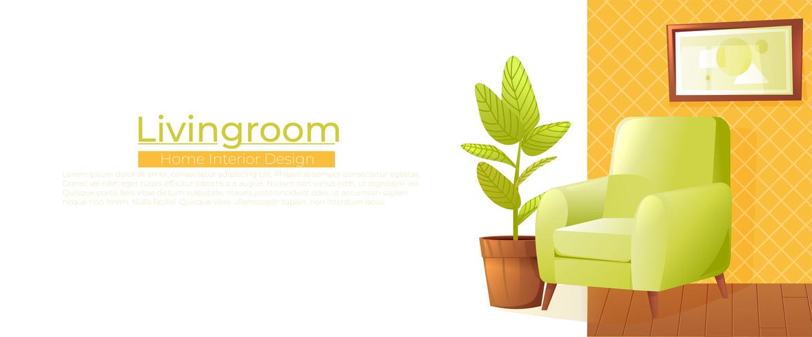 Wohnzimmer Home Interior Design Banner. Bequemer Sessel mit einer Pflanze in einem Raum mit Retro-Tapete. Vektor-Illustration vektor
