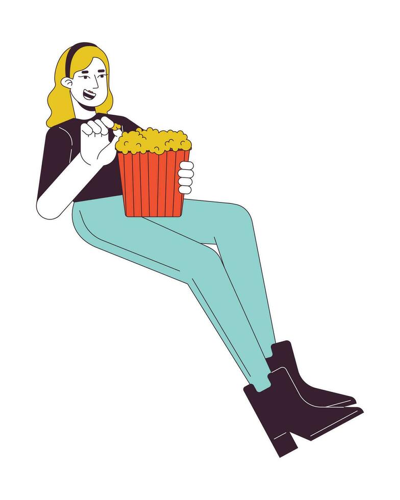 blond kaukasisch Frau Essen Popcorn 2d linear Karikatur Charakter. Aufpassen Film im Kino Mädchen isoliert Linie Vektor Person Weiß Hintergrund. Unterhaltung Show Farbe eben Stelle Illustration