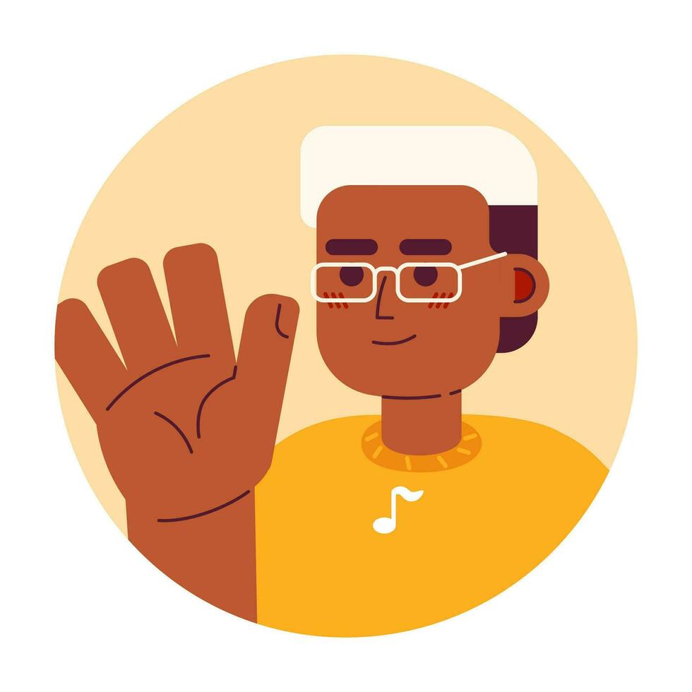 glasögon svart kille vinka hand hälsning 2d vektor avatar illustration. handvifta blekt hår afrikansk amerikan man tecknad serie karaktär ansikte. Välkommen platt Färg användare profil bild isolerat på vit