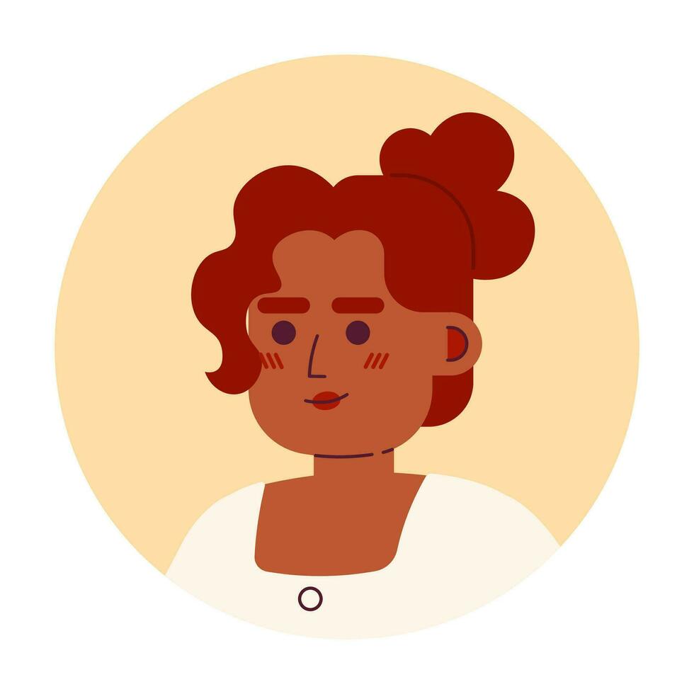 afrikan-amerikan lockigt hår kvinna avslappnad leende 2d vektor avatar illustration. Framställ svart ung vuxen tecknad serie karaktär ansikte. positiv huvudskott platt Färg användare profil bild isolerat på vit